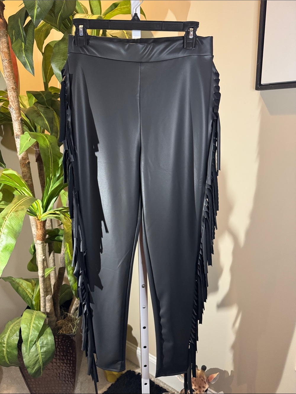 Black Fringe Leggings – Women's Faux Leather Pants size L New W/ Tag